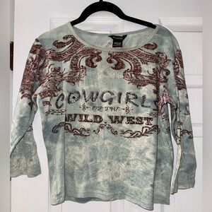 Cowgirl Wild West Y2K 90s Graphic sequin beaded 3/4 sleeve Top blouse small